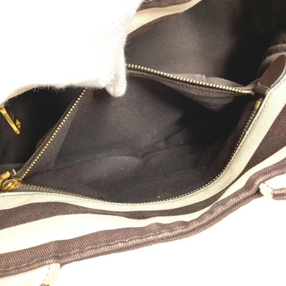 PRADA Canapa logo border Bag Tote Bag Hand Bag Canvas Brown/White - Picture 14 of 15